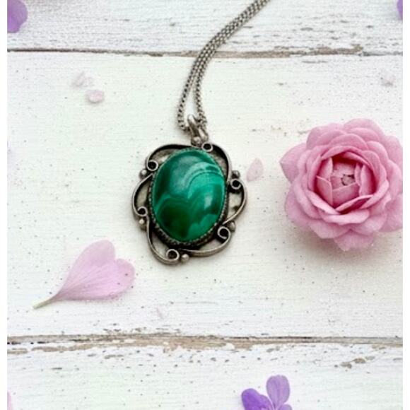 Vintage Malachite Sterling Silver Necklace Chain 20” - Picture 3 of 5